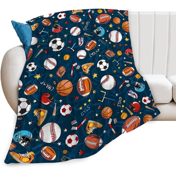 Sports Blanket Gifts for Girls Boys Basketball Soccer Baseball Fleece Blankets Soft Warm Fuzzy Sports Fan Throw Cozy Flannel Plush Stuff Blue Throws for Kids Men Women Bed Couch Decor 60"x50"