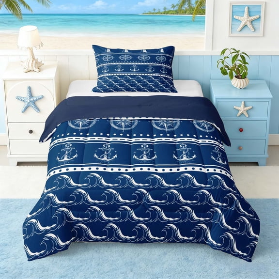 Manfei Vintage Stripe Lighthouse Compass Anchor Wave Twin Comforter Sets for Kids Boys and Girls, Nautical Print Bedding Set, Navy Reversible 2-Piece, 1 Comforter and 1 Pillowcase