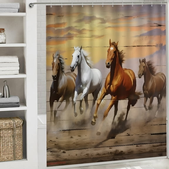 Horses running fence waterproof shower curtain Bathroom shower curtain  Cloth Fabric Bathroom Decor Set with Hooks