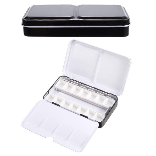 Paleta de acuarelas vacía Uxcell, caja de acuarelas de metal con 14 medios pans, caja de pintura, negra 14 compartimentos