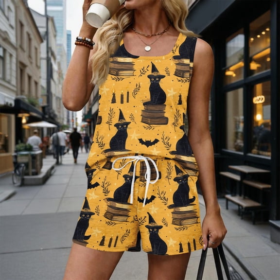 Halloween Outfits for Women 2 Piece Sets Bat Ghost Sleeveless Horror Tank Tops Matching Candy Skeleton Wide Leg Funny Shorts, M