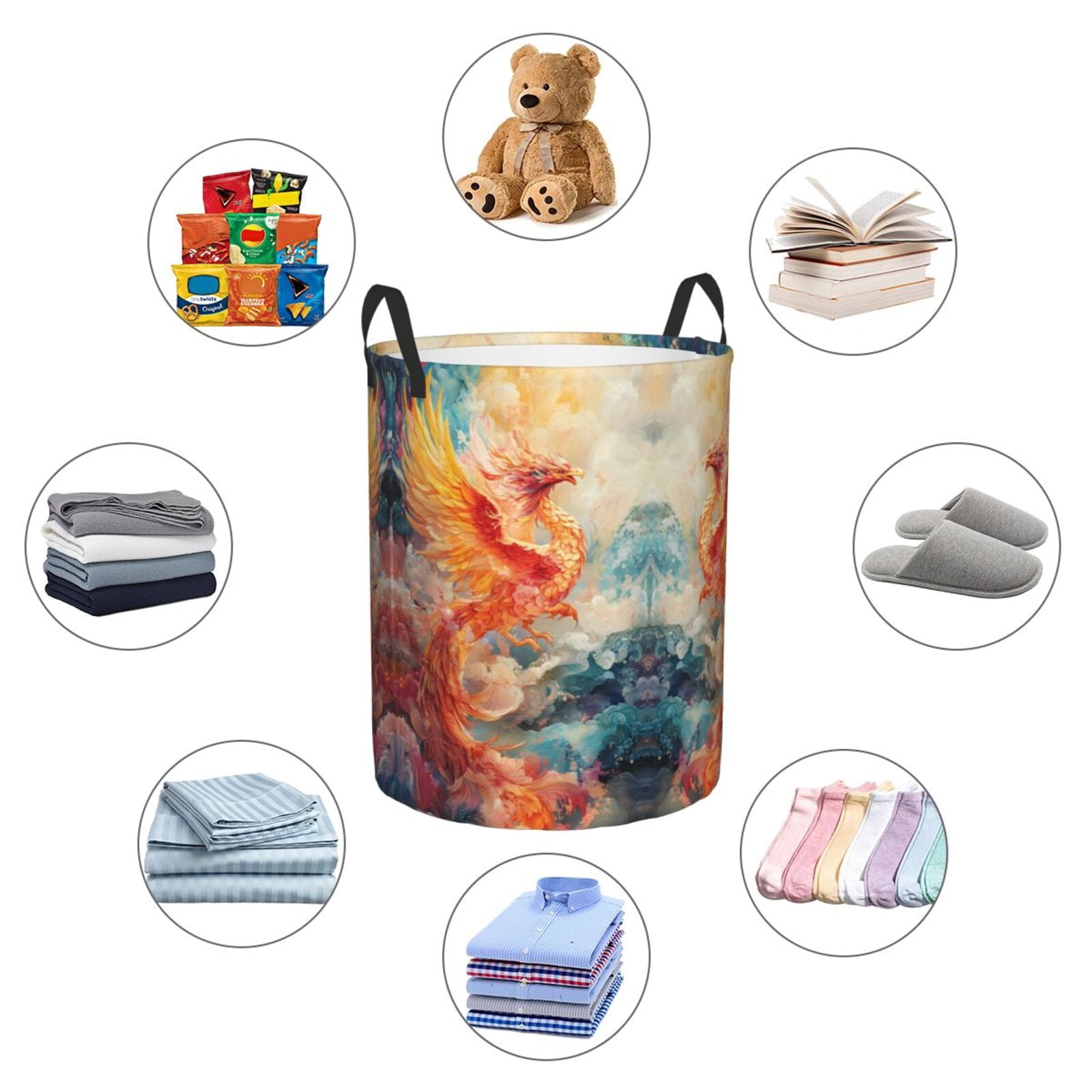 Large Laundry Basket with Handles - Golden Fiery Phoenix Kids Baby Dirty Clothes Laundry Hamper for Bedroom Aesthetic