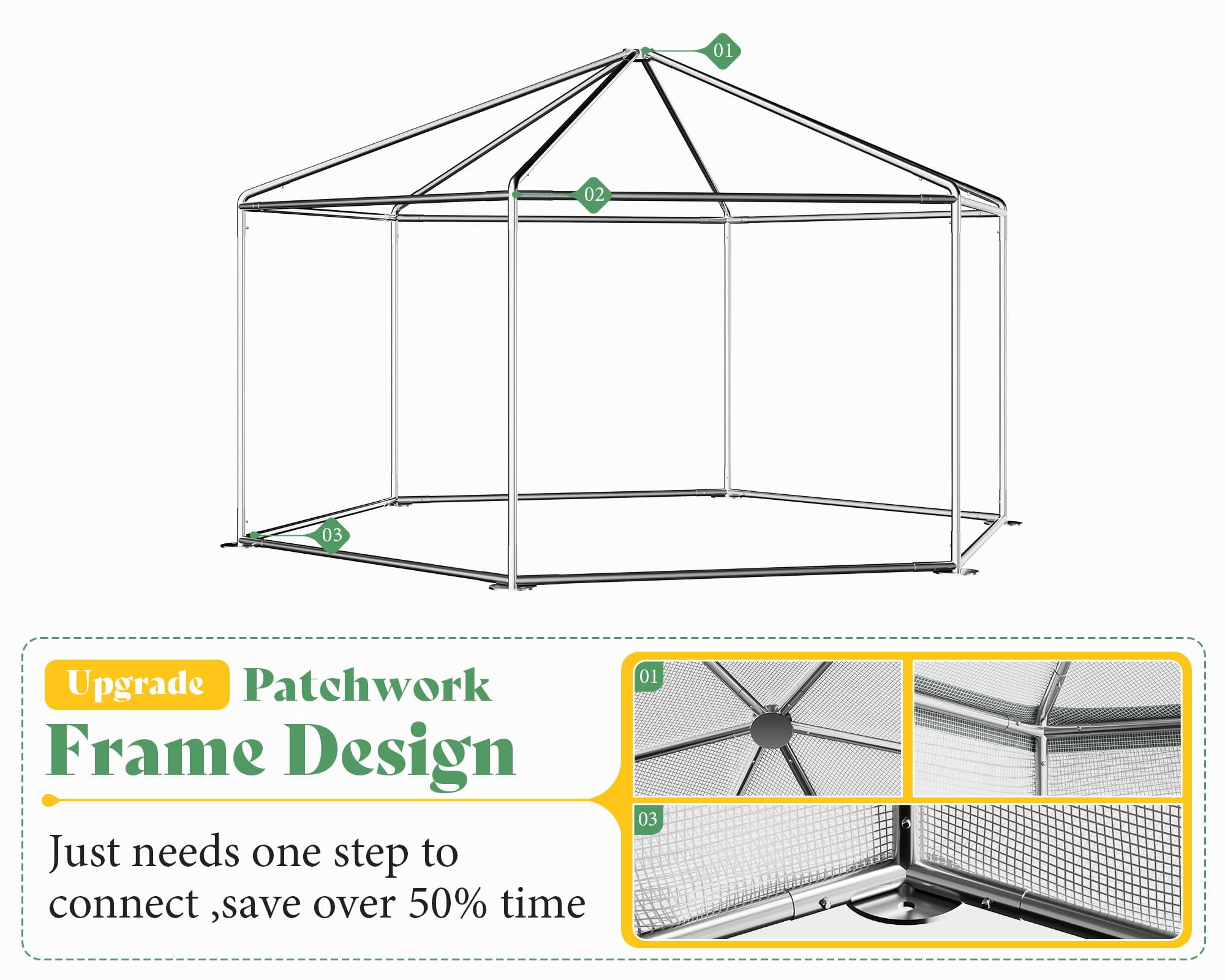 13.5x13.5x9 ft Hexagonal Walk-in Greenhouse for Outdoors, White/Green