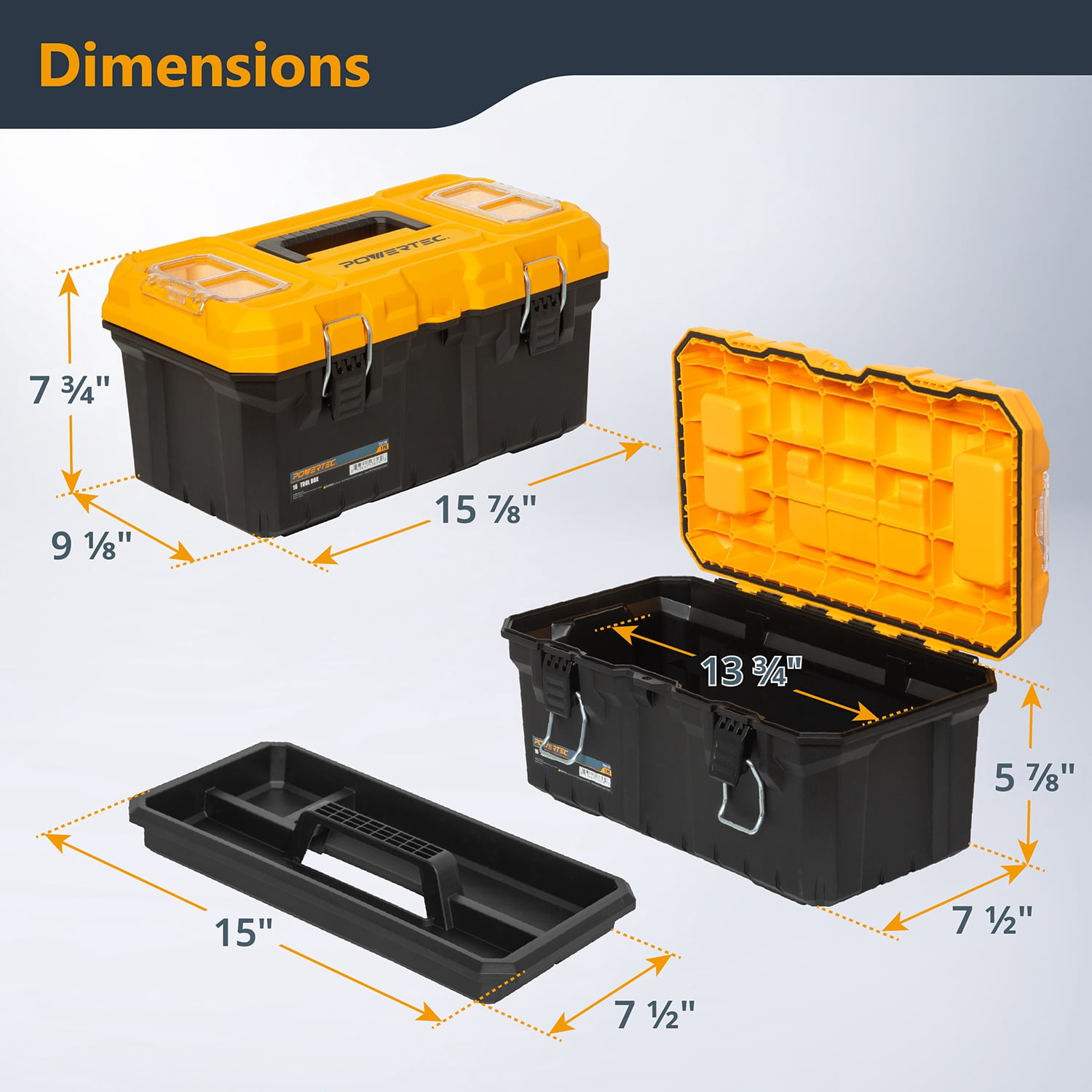 POWERTEC 16-Inch Tool Box with Trays - Lockable, Metal Latch, Organizer, Portable Storage for Tools, Small or Mid-Sized Parts (72119N)