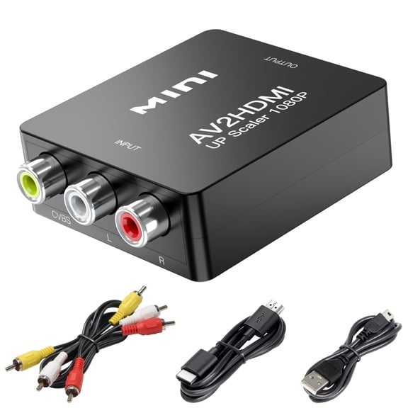 Mini RCA to HDMI Converter with HDMI and RCA Cables, Composite CVBS AV to HDMI scaler Converter Adapter, Supports 720P/ 1080P Output Switch for PS2 N64 Wii STB VHS VCR Camera DVD