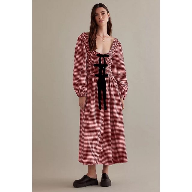 Gupgi Robe Fleurie pour Femmes, Robe à Carreaux avec Nœud à l'Avant, Boho, Manches Longues, Volants, Robes Fluides