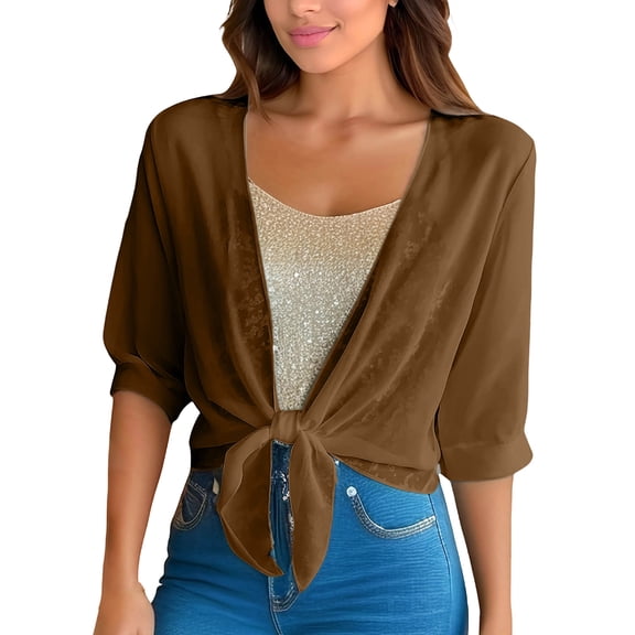 fheaev Summer Cardigans for Women V Neck 1/2 Sleeve Tie Front Loose Fit Lightweight Chiffon Sun Protection Top Coffee L