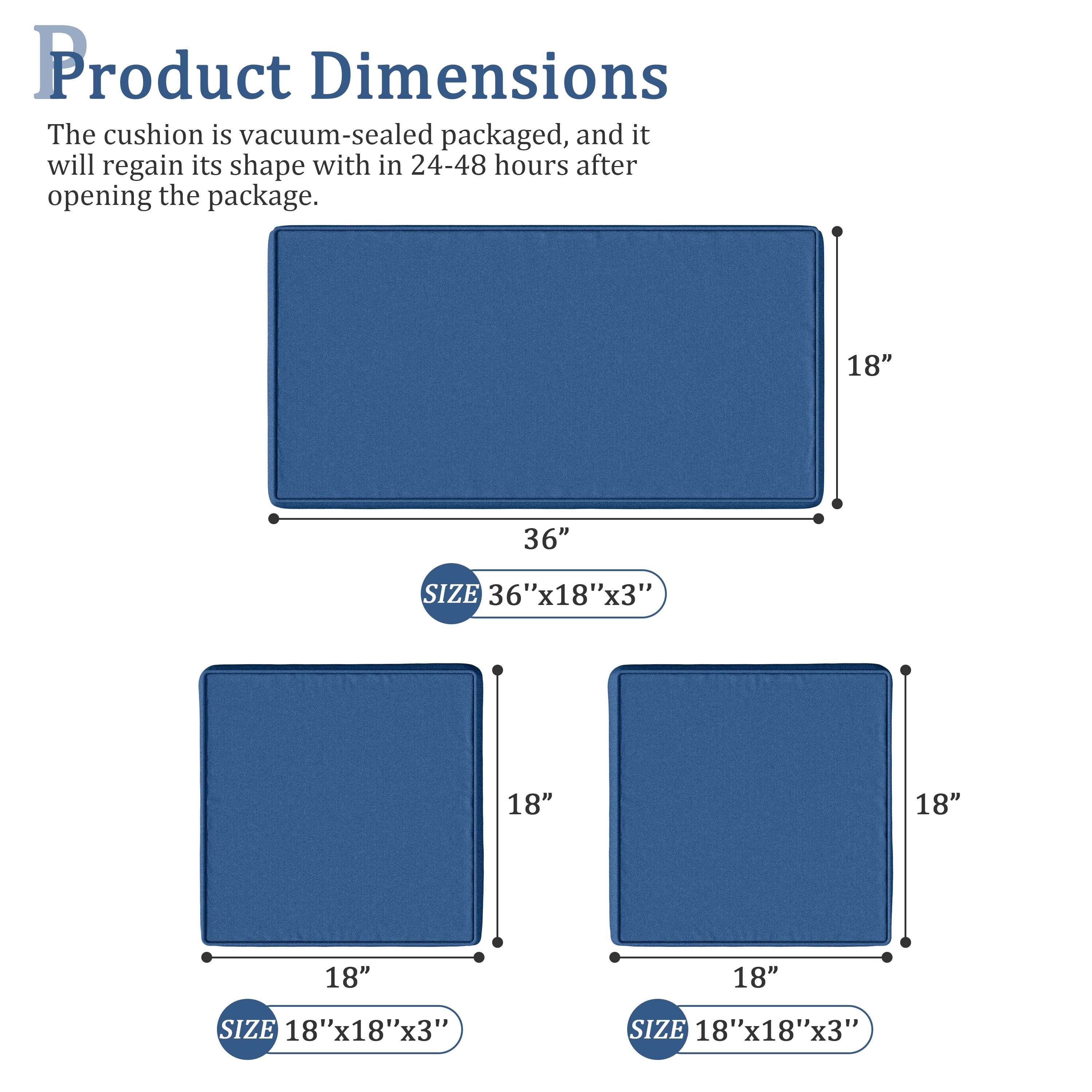 Snubbull 3 Pack Outdoor Replacement Cushions for 4-Seater Wicker Rattan Loveseat Sofa Chair Patio Furniture, 36 x 18 x 3,18 x 18 x 3, Blue