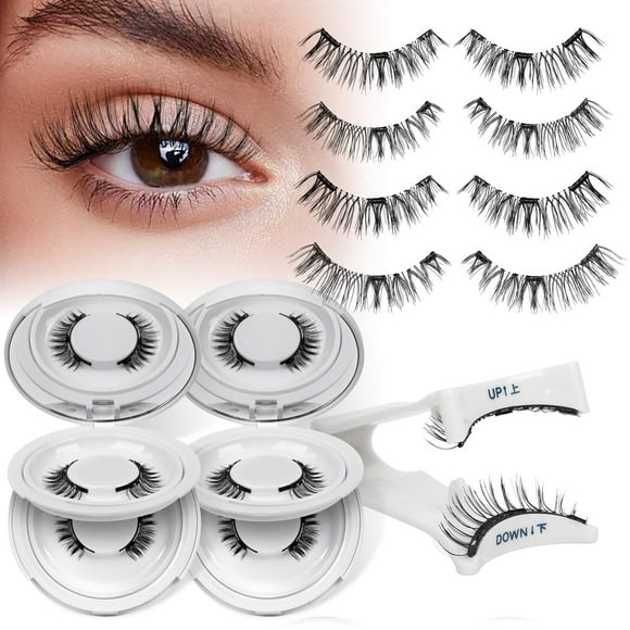 QUEWEL 4 Pairs Magnetic Eyelashes, Natural Look with Reusable Lashes with Applicator No Glue Needed Easy to Wear and Remove(D-4Pair-CX-D)