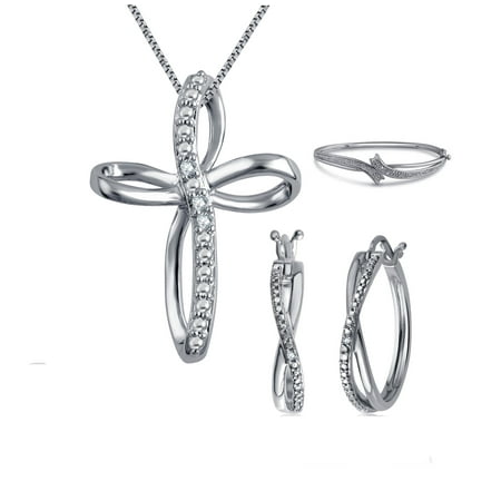 - Gorgeous 0.27 Carat Diamond Accent 3 Piece Criss Cross Hoop Necklace Earrings & Bangle Set In 14K White Gold Plated