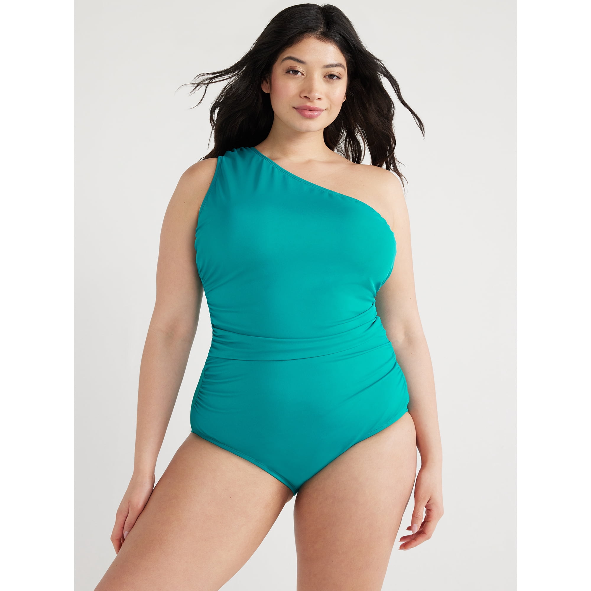 Time and Tru Women's and Plus Atoll One Shoulder One Piece Swimsuit, Sizes XS-3X