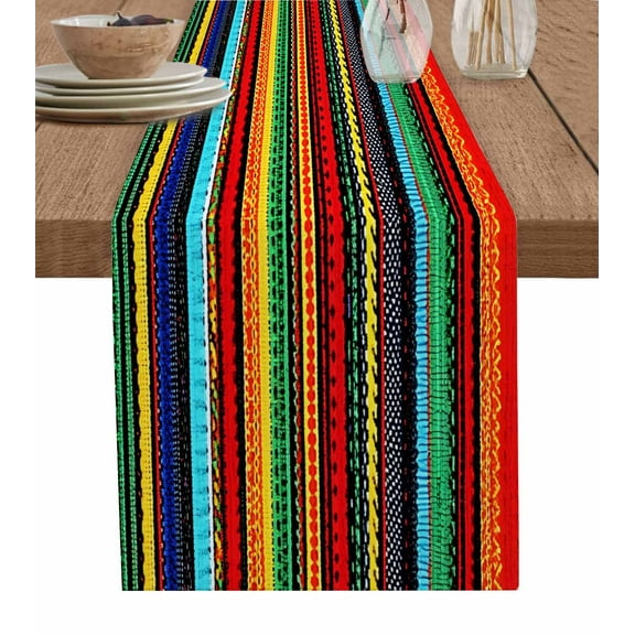 Colorful Stripes Table Runner 90 Inches, Boho Minimalist Geometric Mexico Bed Runner Dresser Scarves Tabletop for Indoor Outdoor Parties/Ceremony/Banquet, 13" x 90"