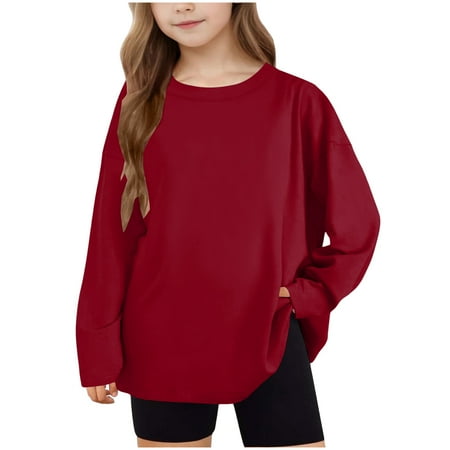 Fesfesfes Kids Long Sleeve Crewneck Pullover Top Soft Casual Loose Solid Color Shirt for Boys Girls Youth Comfortable Everyday Wear School Outing Layering Piece(Wine#1 6-7 Years)