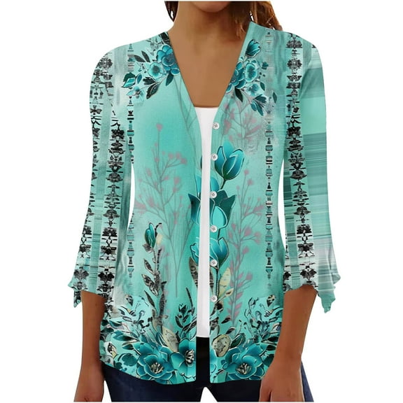 jjayotai Cardigan for Women, 3/4 Sleeve Kimono 2024 Retro Print Open Front Cardigans Lightweight Boho Tunic Tops Jackets