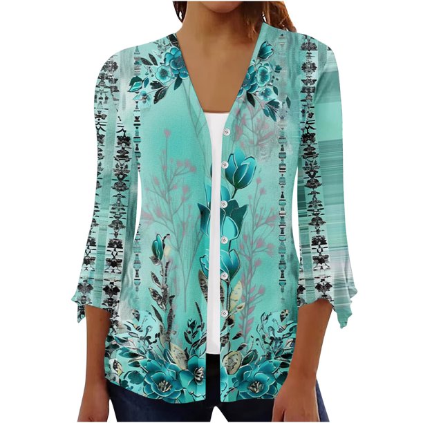 Cárdigan de botones para mujer, chaqueta estampada, chaqueta de cárdigan con cuello y mangas 3/4, chaqueta de cárdigan informal, cárdigan de algodón de imitación para mujer