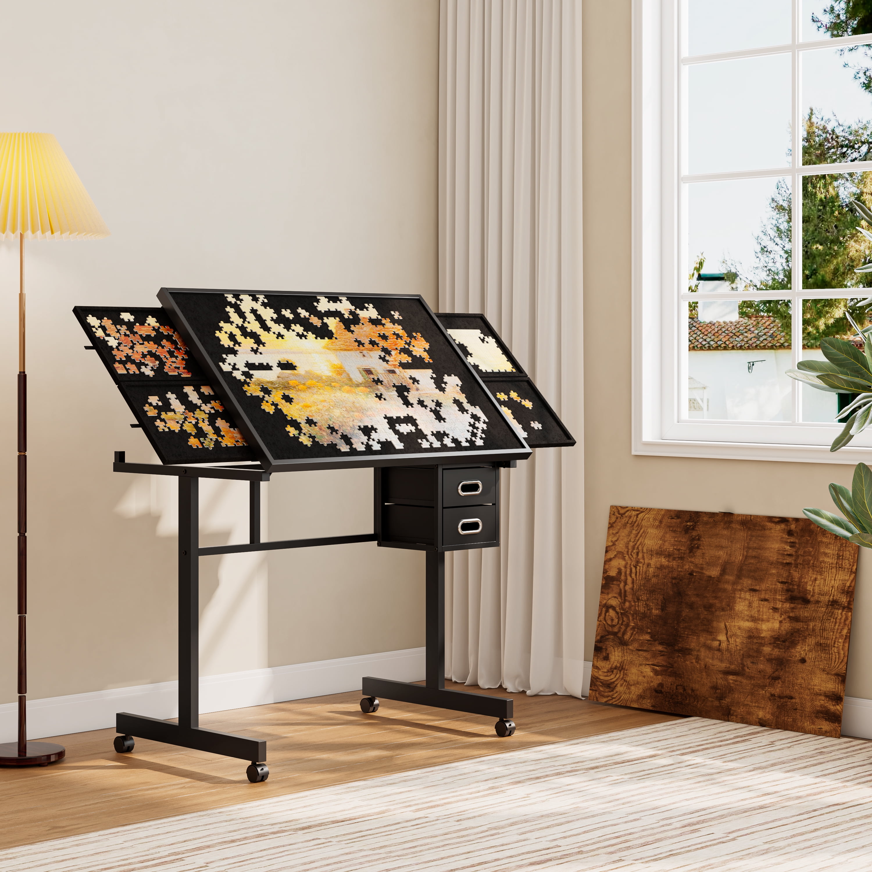 1500 Pieces Jigsaw Puzzle Table for Adults – Metal Tabletop with 4 Storage Trays | White, Ideal Gift for Puzzle Lovers | Neat Storage for Home/Game Room Use（Black with 2 drawers）