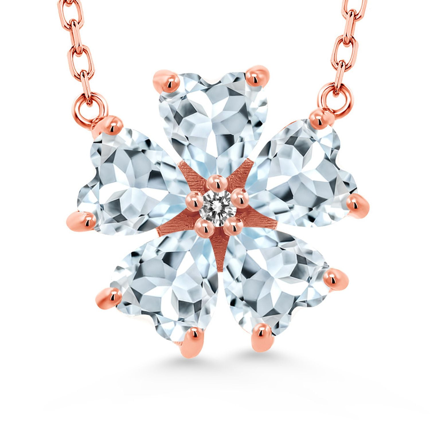 Gem Stone King 18K Rose Gold Plated Silver Sky Blue Aquamarine and White Diamond Pendant Necklace for Women (3.68 Cttw, Heart Shape 6MM, with 18 inch Chain)