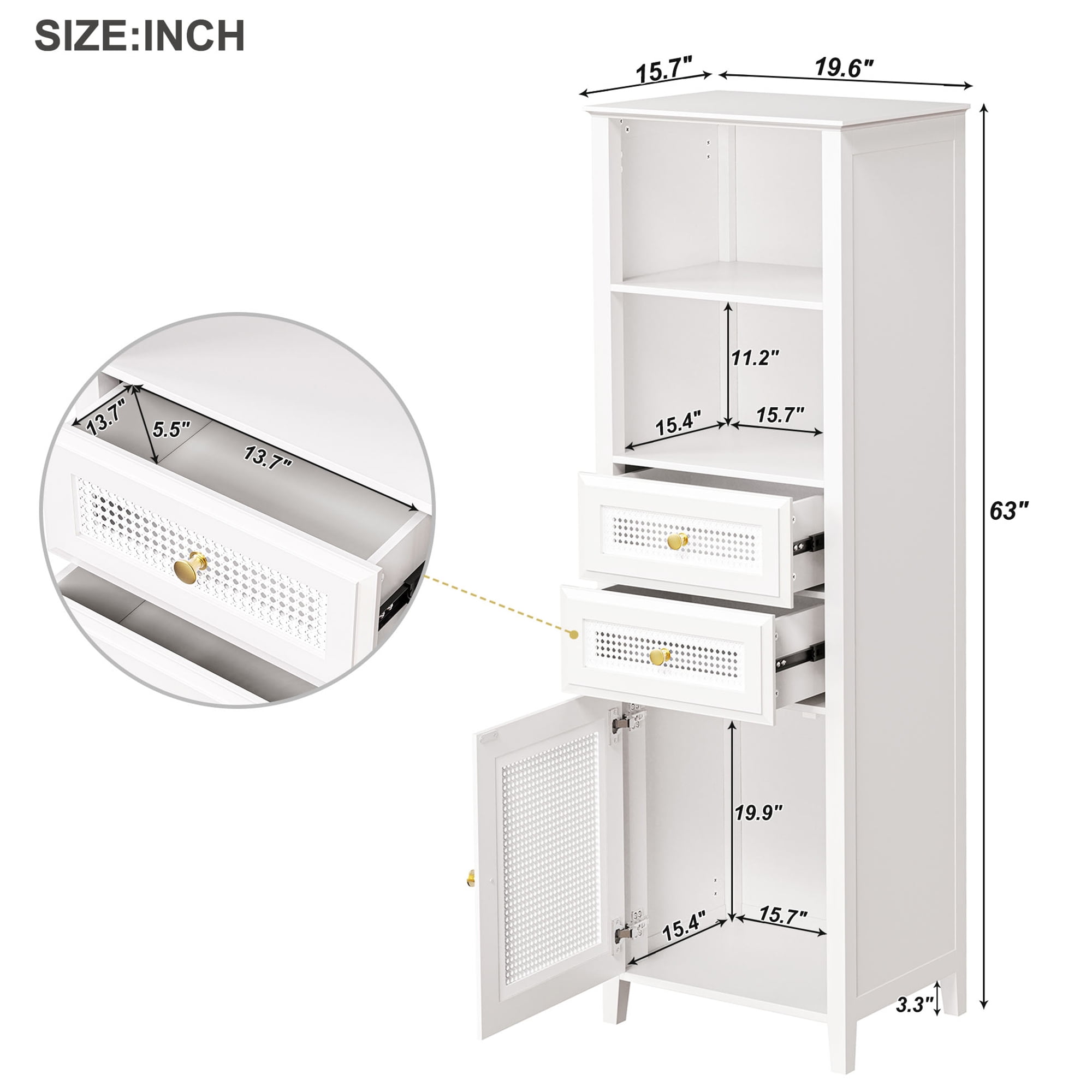 EUROCO 63" Storage Cabinet with Rattan Door,Boho Style Slim Tall Cabinet,Mid Century Modern Tower Cabinet,Country Style Freestanding Organizer with Metal Handles,White