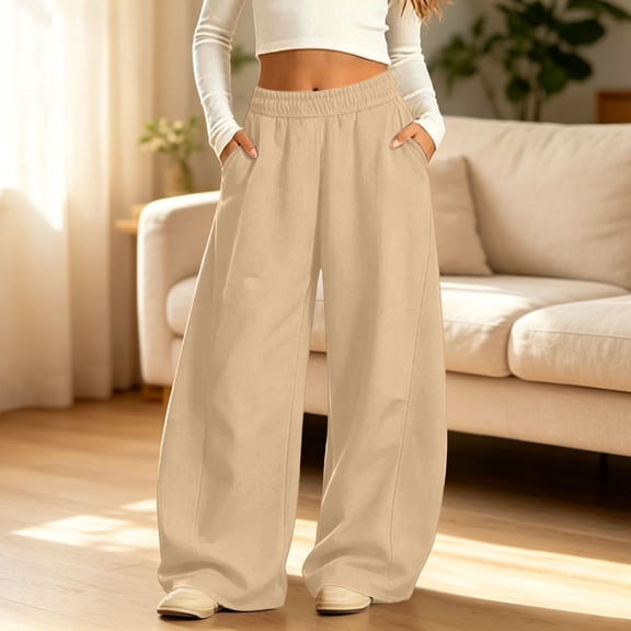 BRGZLK Teen Girls Wide Leg Sweatpants Fall Winter Solid Color Baggy Casual Elastic High Waist School Sweat Pants with Pockets Trendy Streetwear Clothes Khaki 10-11 Years