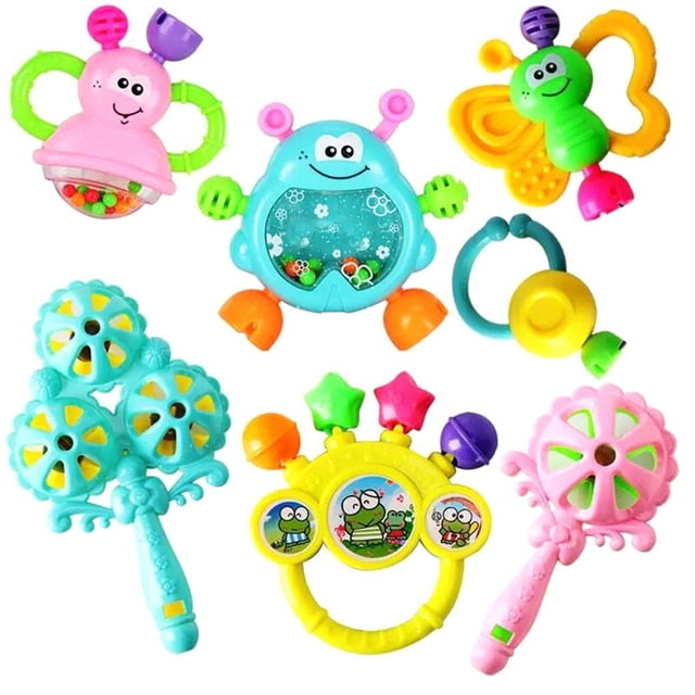 7 unids/set de sonajeros de plástico de Color aleatorio para bebés recién nacidos, juguete mordedor para niños, juguetes de campanas de mano
