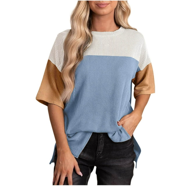 Besolor Chemises d'Été à Manches Courtes pour Femmes Col Rond Fendu sur le Côté Blouse Décontractée Ample pour Sortir