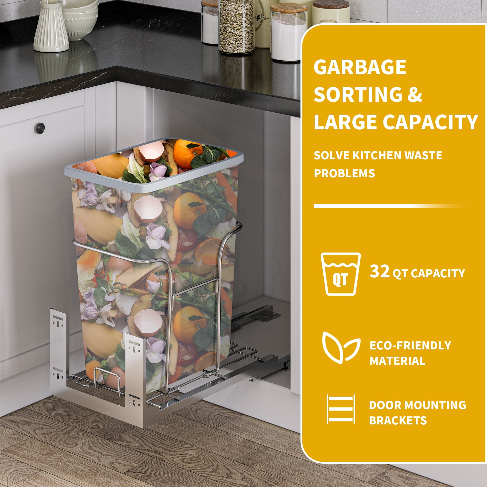 Dextrus 32 Quart Pull-Out Trash Can Recycling Bin with Lid for 14.2" W x 22" D x 24.8" H Minimum Cabinets, Sliding Under Mount Kitchen Waste Garbage Container with Soft-Close Slides, Gray