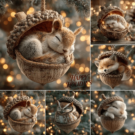 2D Flat Acrylic Woodland Animal Acorn Ornaments, Forest Theme Hanging Pendants, Festive Tree Decor for Indoor Home Party for Christmas, Winter & New Year Holiday Celebrations