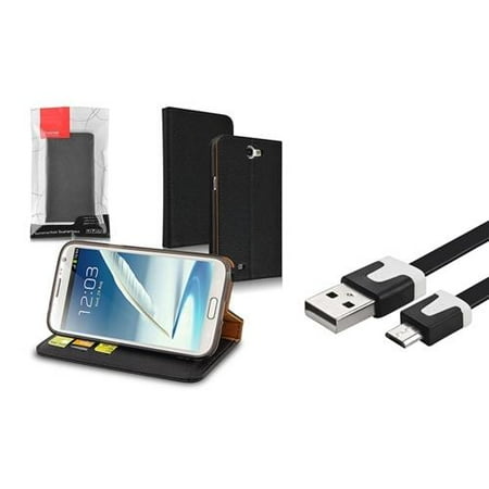 Insten Leather Wallet Case Cover+Flat USB Cable For Samsung Galaxy Note 2 II N7100