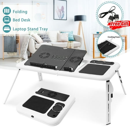 Portable Adjustable Folding Laptop Notebook Computer Desk Table Universal E-Table Holder Home Sofa Couch Bed Tray Office Carpet (With Cooling Fans Stand + USB