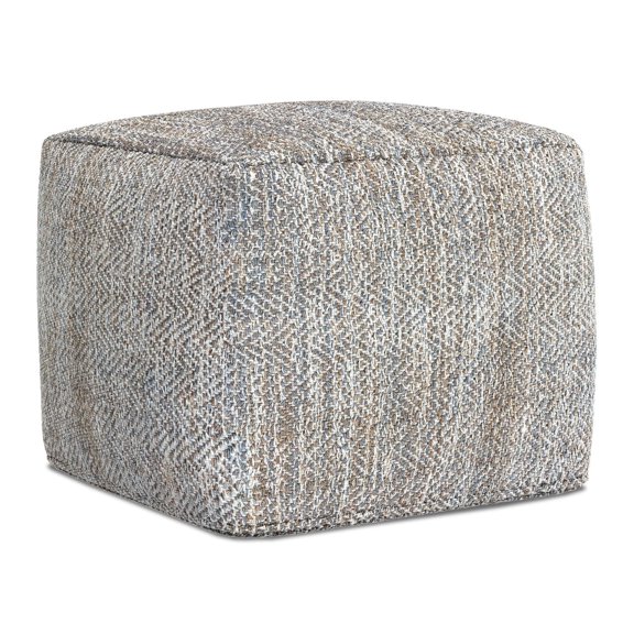 Simpli Home Nate 18 inch Wide Boho Square Pouf in Grey Mélange Cotton