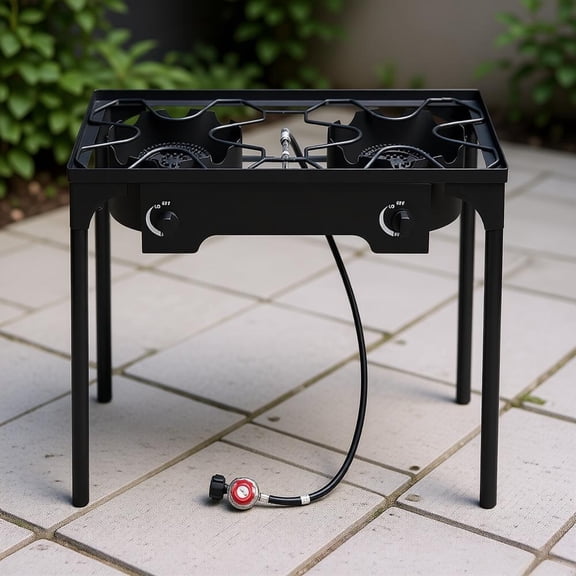 150000 BTU Double Burner Propane Gas Stove High Pressure Outdoor Camp Cooker Portable Cast Iron Head Adjustable Regulator Removable Legs for Camping Fishing Tailgating Home Brewing Patio Cooking