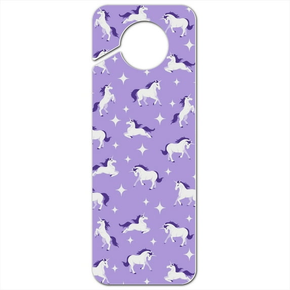 Frolicking Unicorns White Purple Pattern Plastic Door Knob Hanger Sign
