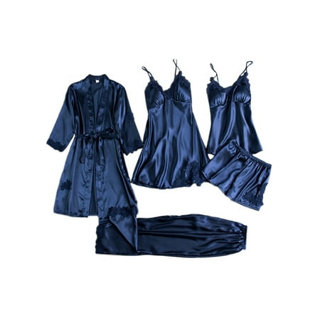 

Rejlun Womens 5pcs Sleepwear Satin Silk Pajamas Set Sexy Cami Dress Tops Shorts Pants and Kimono Robes Pj Set Navy Blue L