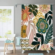Boho Floral Shower Curtain Modern Mid Century Fabric Cloth Shower Curtains for Bathroom Decor Waterproof Floral Bathroom Shower Curtain Set with Hooks,