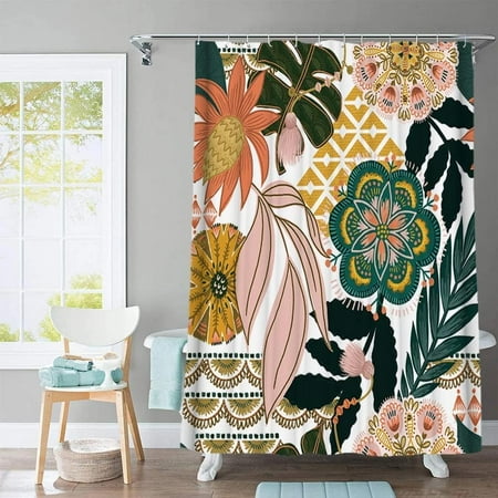 Boho Floral Shower Curtain Modern Mid Century Fabric Cloth Shower Curtains for Bathroom Decor Waterproof Floral Bathroom Shower Curtain Set with Hooks,