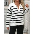 thumbnail image 5 of Women'S Striped Sweater Trendy V Neck Long Sleeve Knit Pullover Loose Jumper Tops Knitwear White S, 5 of 7