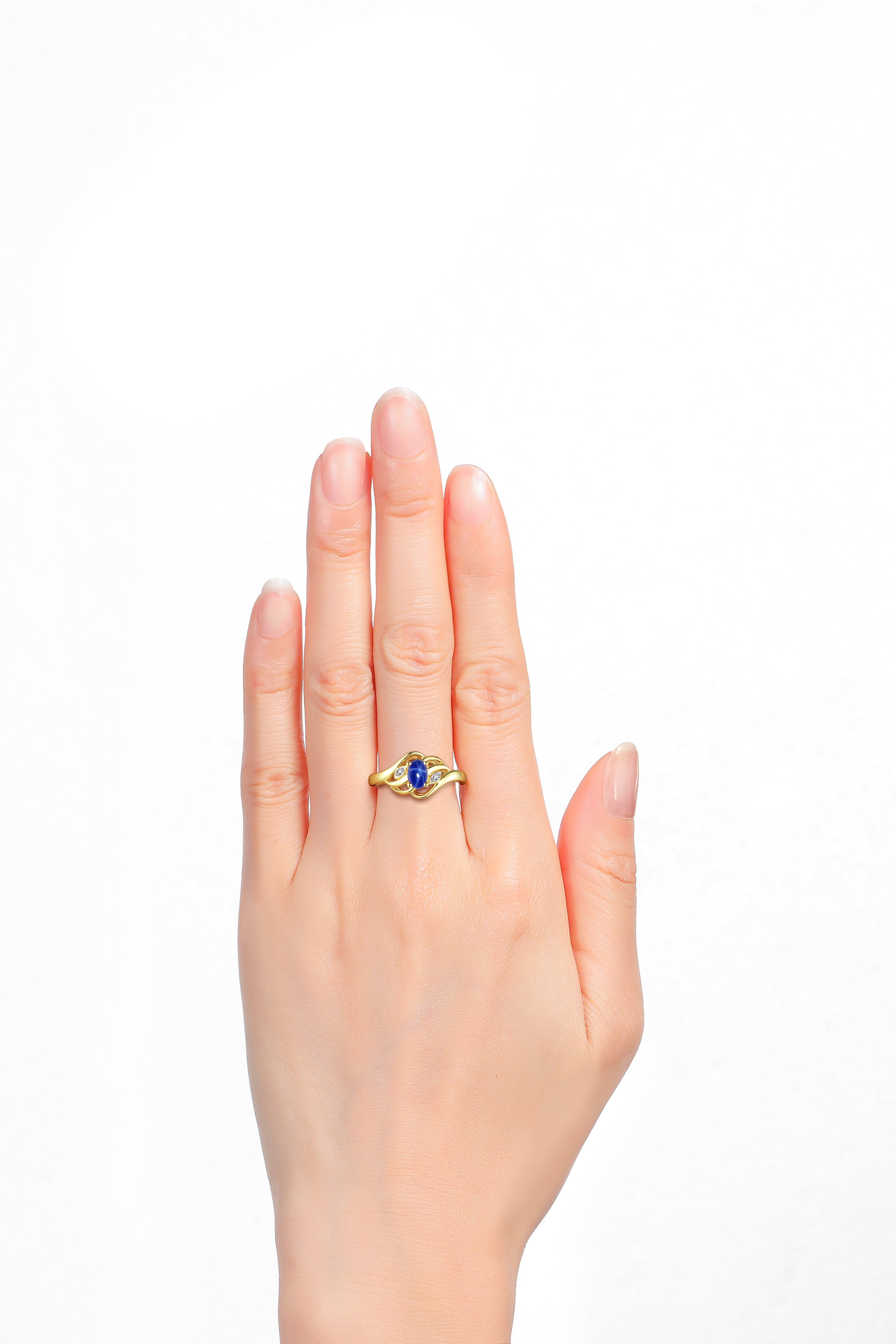 RYLOS Rings for Women 14K Gold Plated Silver Ring Classic Style Birthstone Ring 6X4MM Gemstone & Diamonds Blue Star Sapphire Jewelry for Women Size 7