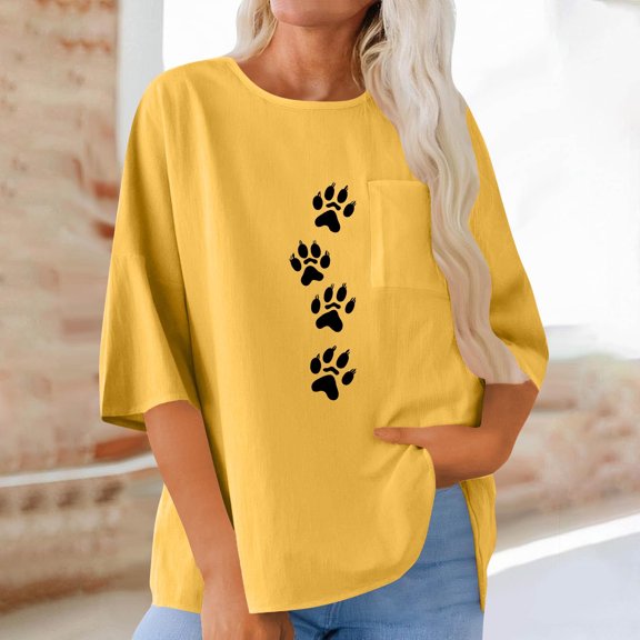 Gamivast Womens Tops Tees & Blouses Paw Print Loose Fit Boat Neck 3/4 Sleeve Tops Casual Tops Pocket Texture Summer Daily Vacation Outfits