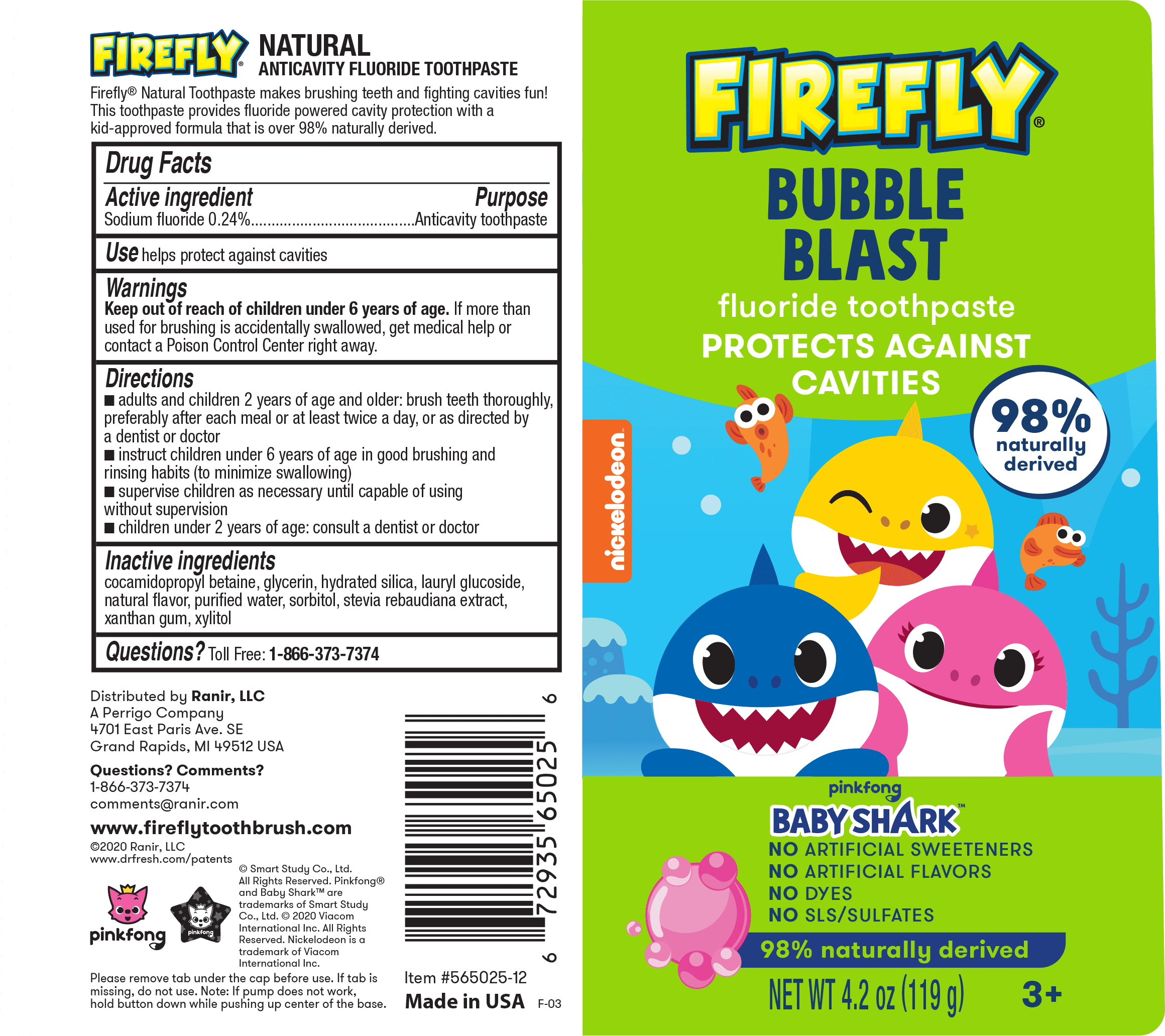 Firefly Baby Shark Bubble Gum Toothpaste, No Artificial Flavors, 4.2 oz
