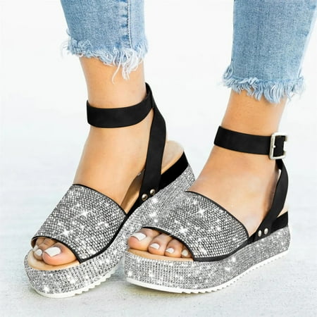 

Womens Summer Flat Crystal Rhinesto Buckle Strap Sandals Outdoor Round Toe Shoes