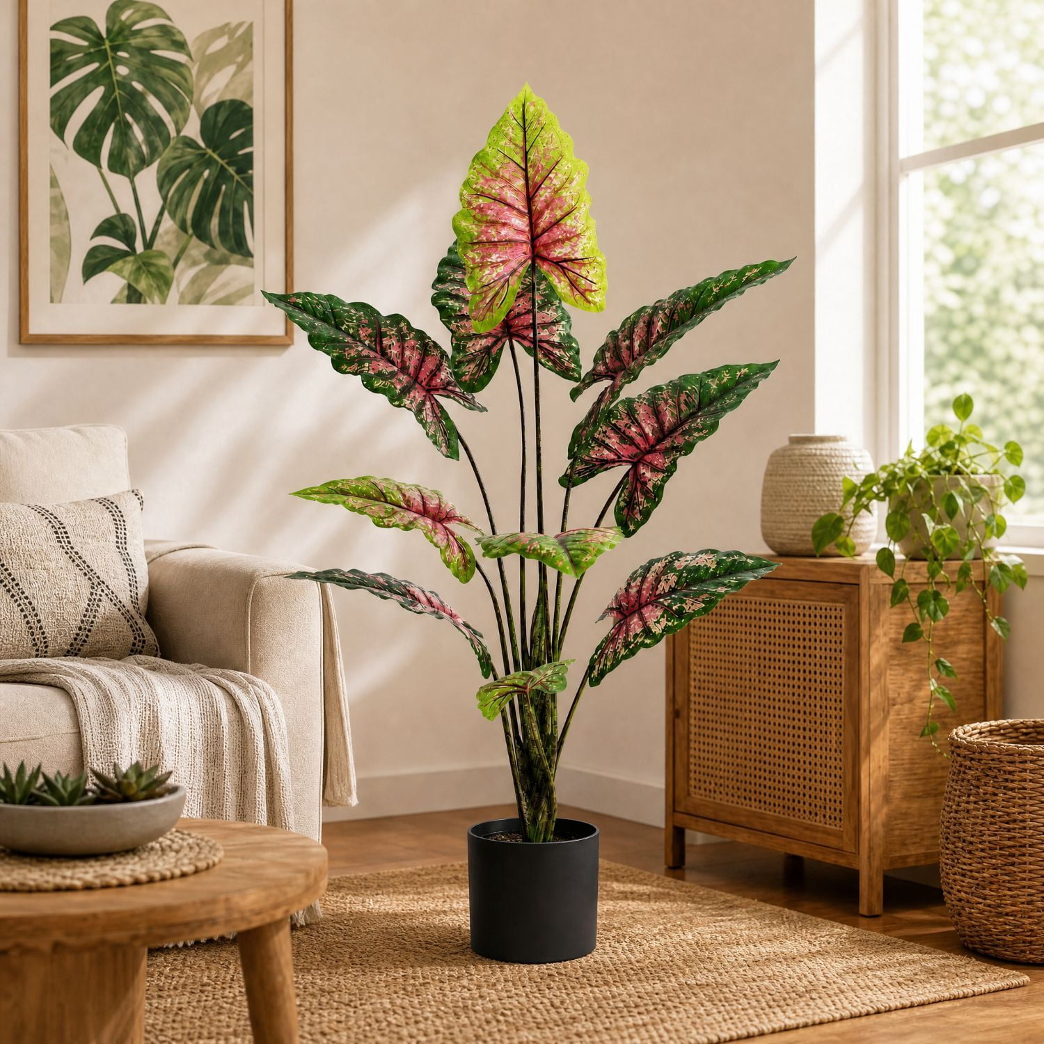 Easy4Home 5.4FT Artificial Plant Fake Caladium Plant Potted Indoor Faux Floor Plant for Home Office Decor, Multicolor