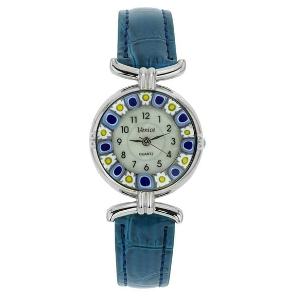 GlassOfVenice Murano Glass Millefiori Watch with Leather Band - Blue
