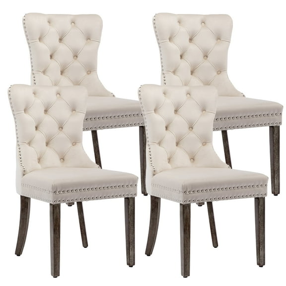 Dining Chairs Set of 4  Velvet Upholstered High-end Tufted Dining Room Chair with Nailhead Back Ring Pull Trim Solid Wood Legs, Contemporary Nikki Collection Modern Style for Kitchen, Beige