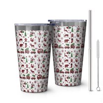 16oz Tumblers White Christmas Animal and Car Pattern Stainless Steel Vacuum Insulated Double Wall Travel Tumbler Cups Mug with Lid and Straw,Cleaning Brush for Coffee,Tea