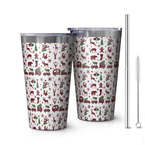 16oz Tumblers White Christmas Animal and Car Pattern Stainless Steel Vacuum Insulated Double Wall Travel Tumbler Cups Mug with Lid and Straw,Cleaning Brush for Coffee,Tea