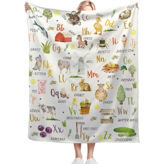 Farm Animals Blanket Cute Alphabet Blanket Alphabet Learning Gift  Girls Boys Super Soft Flannel Throw Blanket for Sofa Couch Camping Travel Warm Cozy Decor,add Same printed canvas bag