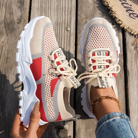 Stralyhd Women's Walking Shoes Non Slip Lightweight Breathable Shoes Athletic Slip on Rubber Sneakers Mesh Gym Casual Red 39