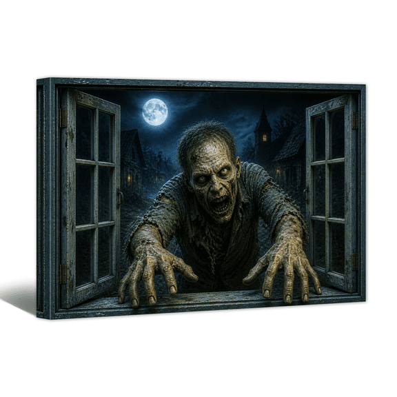 Horror Figure Window Canvas Wall Art Zombie Come In Picture Print, Spooky Halloween Artwork Dark Academia Painting for Living Room Bedroom Home Decor
