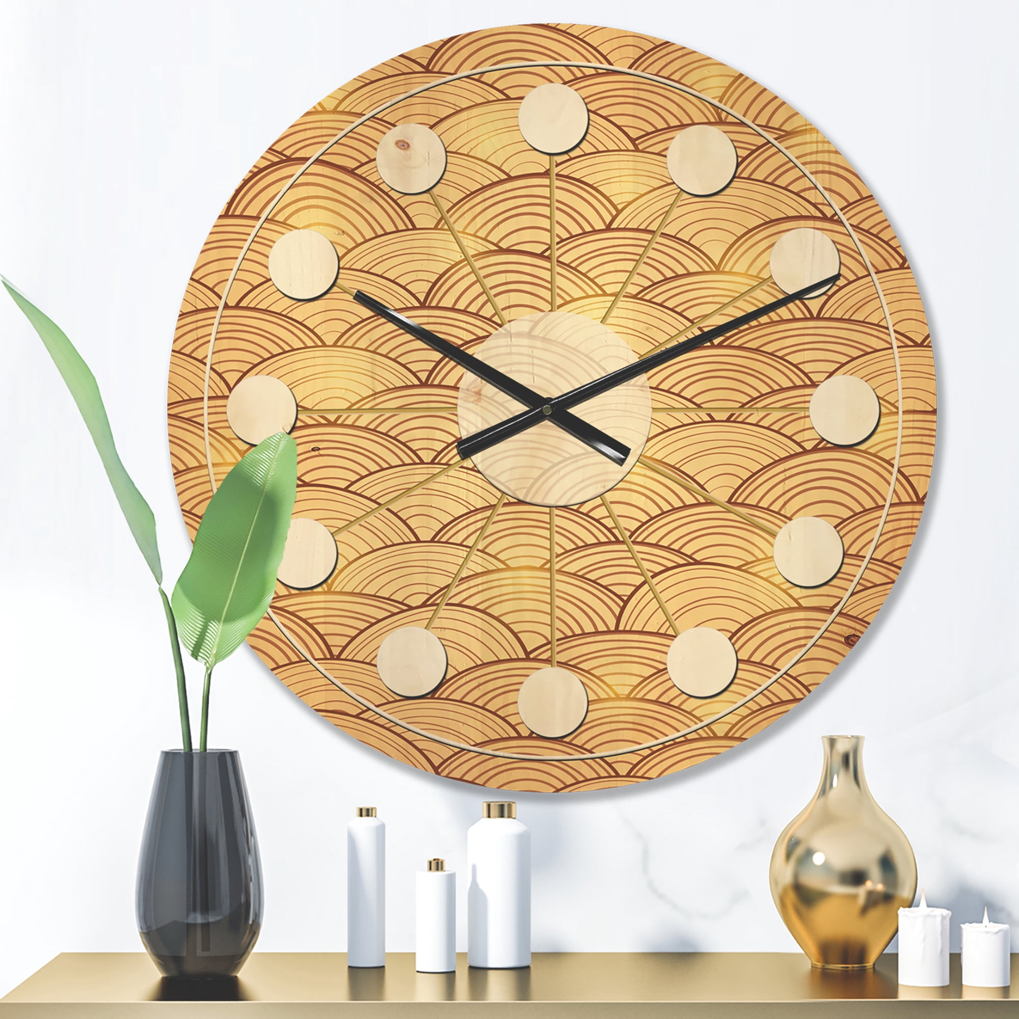 Designart 'Retro Golden Clouds In The Sky' Mid-Century Modern Wood Wall Clock