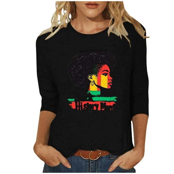 ZVAVZ Womens Casual Tops Trendy,Women's Black History Print T-Shirts 3/4 Sleeve Crew Neck Tees Shirts African American Pride Celebration Blouse Flash Deals of The Day Clearance Black M